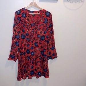 ECI Dress Long Sleeve Front Tie Red & Blue Floral Size 12